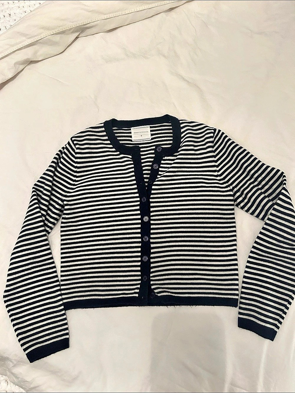 Soho & Stella Navy and White Striped Button-Up Knit Cardigan Striped Cardigan in